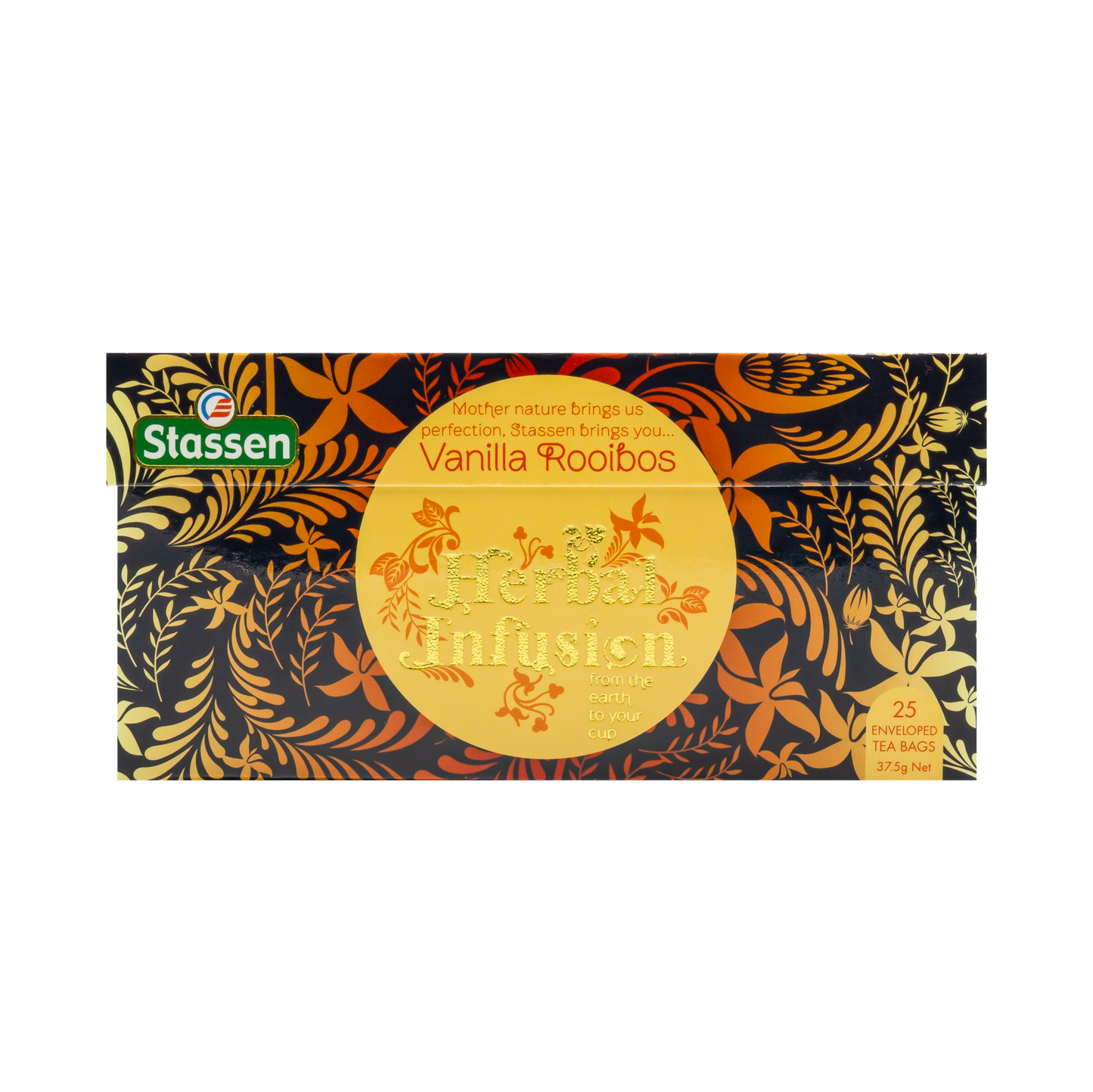 Pudełko herbaty Stassen Vanilla Rooibos Herbal Infusion z ozdobnym wzorem roślinnym.