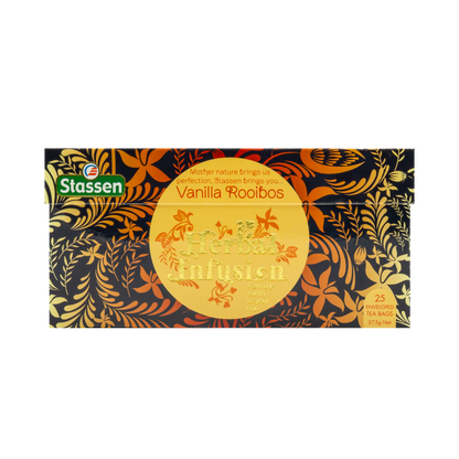 Pudełko herbaty Stassen Vanilla Rooibos Herbal Infusion z ozdobnym wzorem roślinnym.