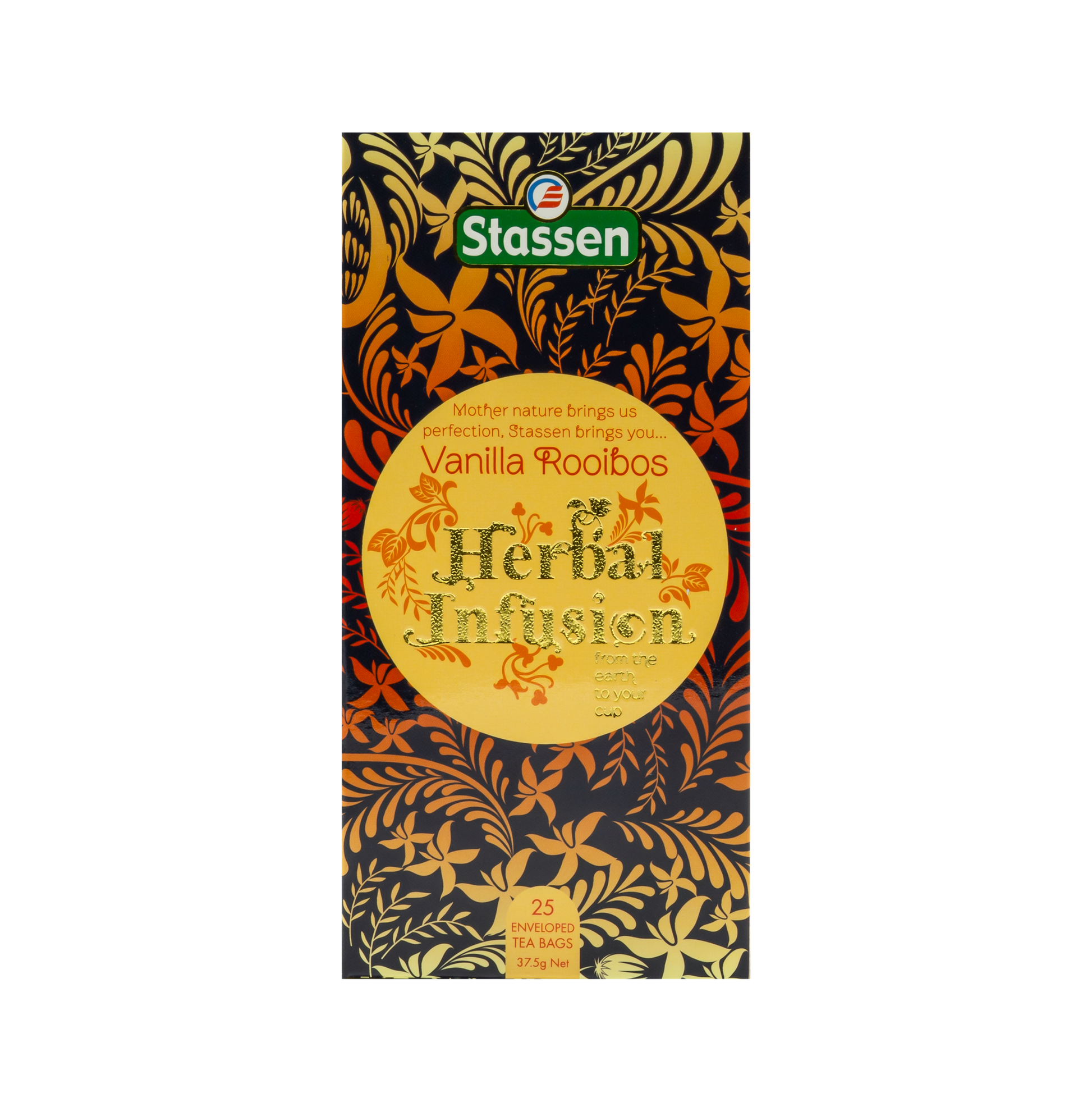 Widok z góry na pudełko herbaty ziołowej Stassen Vanilla Rooibos Herbal Infusion.