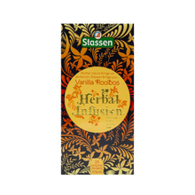 Widok z góry na pudełko herbaty ziołowej Stassen Vanilla Rooibos Herbal Infusion.