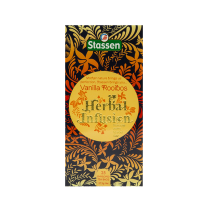 Widok z góry na pudełko herbaty ziołowej Stassen Vanilla Rooibos Herbal Infusion.