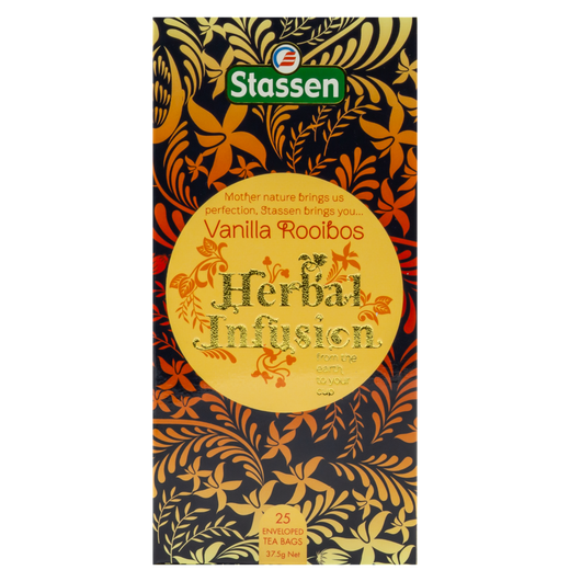 Widok z góry na pudełko herbaty ziołowej Stassen Vanilla Rooibos Herbal Infusion.