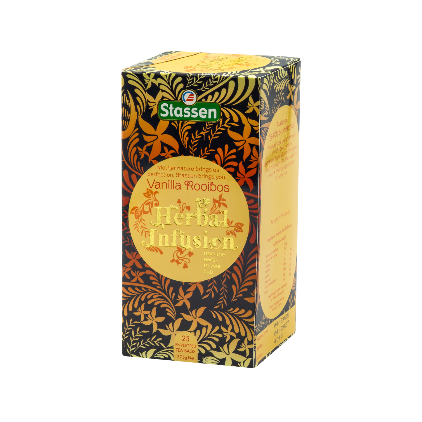Boczne ujęcie pudełka herbaty Stassen Vanilla Rooibos Herbal Infusion marki Stassen.