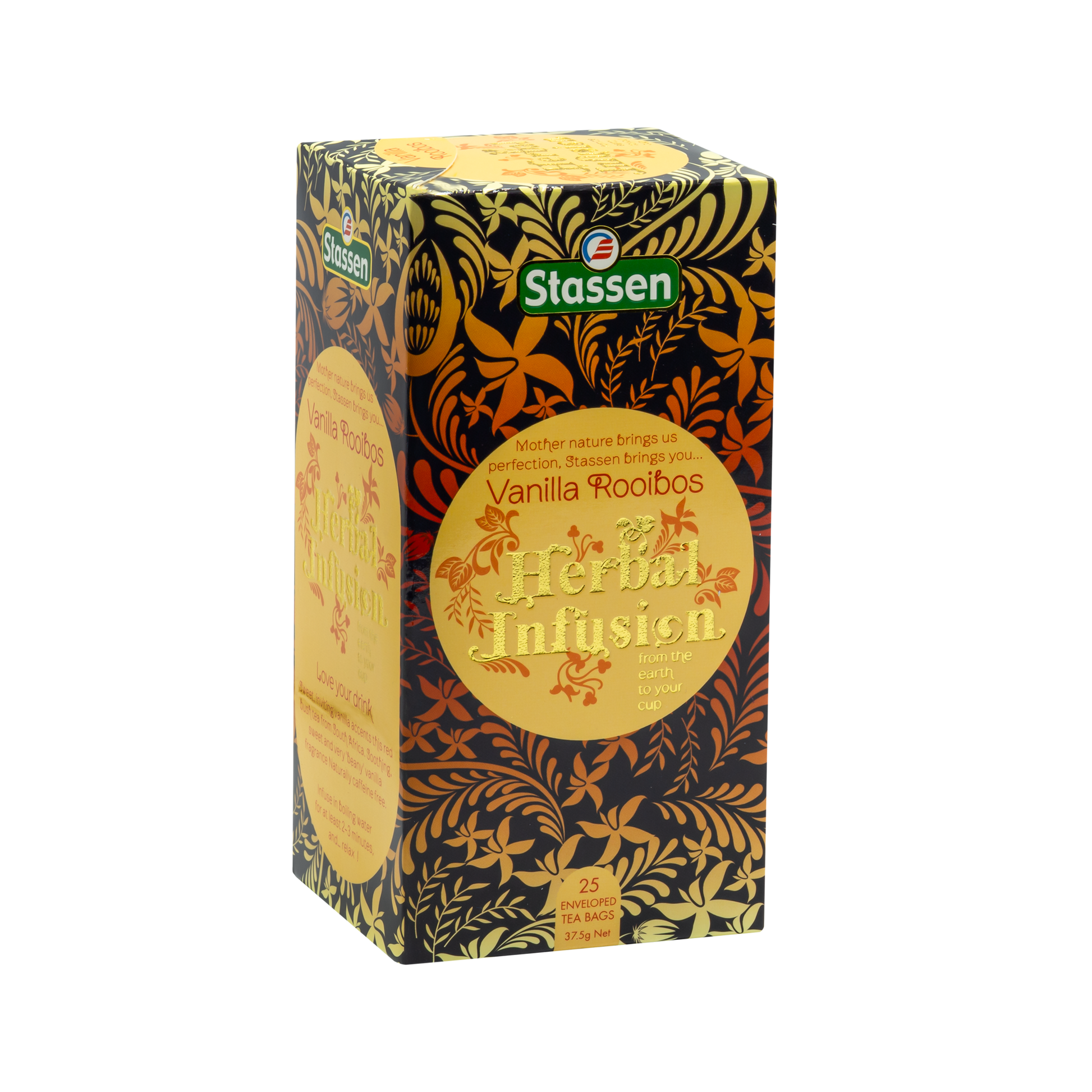 Pudełko herbaty Stassen Vanilla Rooibos Herbal Infusion z widocznym logo i detalami graficznymi.