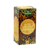 Pudełko herbaty Stassen Vanilla Rooibos Herbal Infusion z widocznym logo i detalami graficznymi.