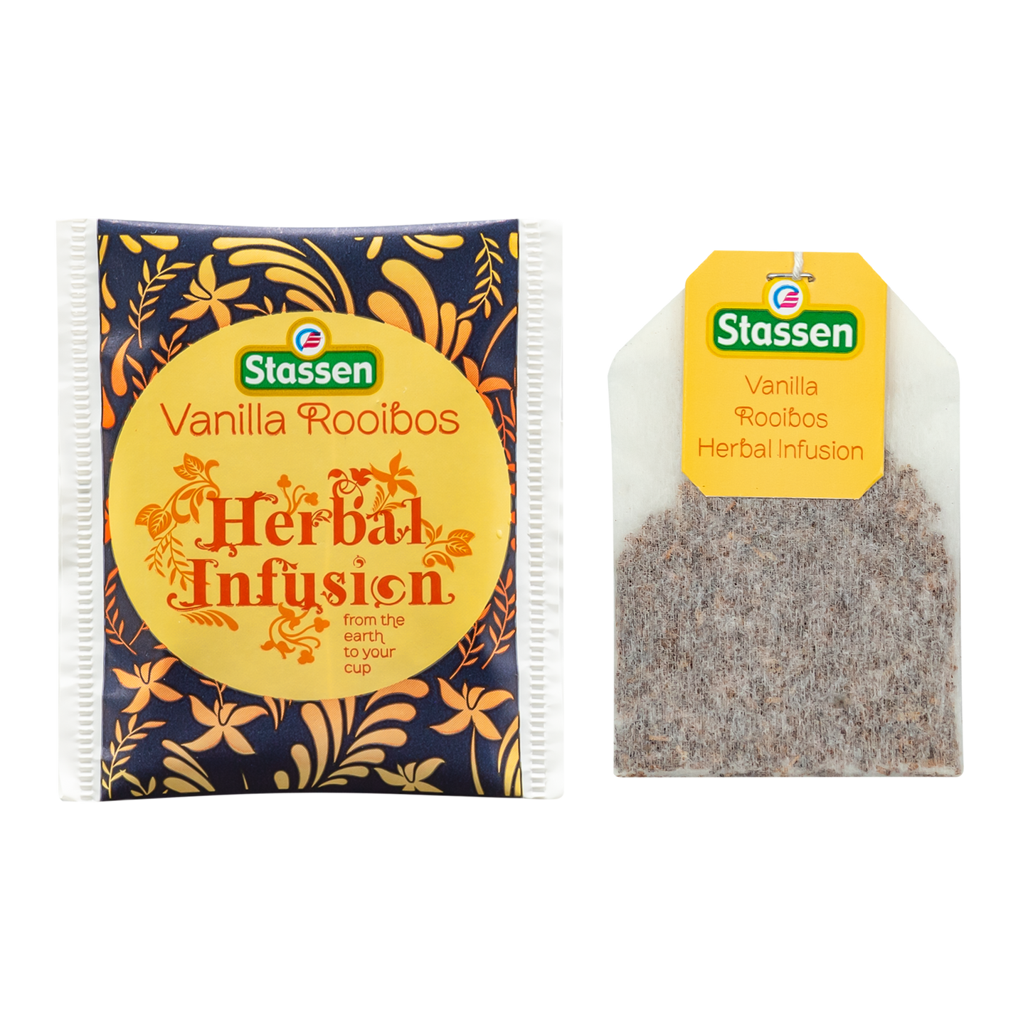 Saszetka i torebka herbaty ziołowej Stassen Vanilla Rooibos Herbal Infusion.
