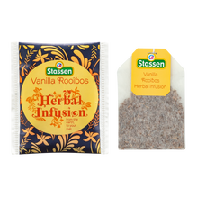 Saszetka i torebka herbaty ziołowej Stassen Vanilla Rooibos Herbal Infusion.