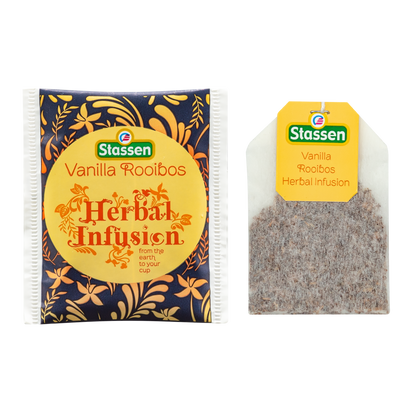 Saszetka i torebka herbaty ziołowej Stassen Vanilla Rooibos Herbal Infusion.