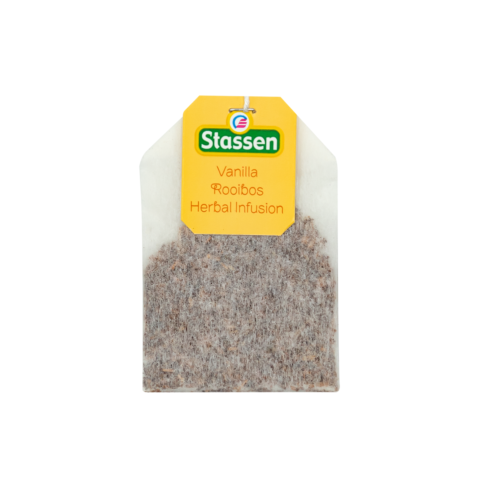 Torebka herbaty Stassen Vanilla Rooibos Herbal Infusion z żółtą etykietą.