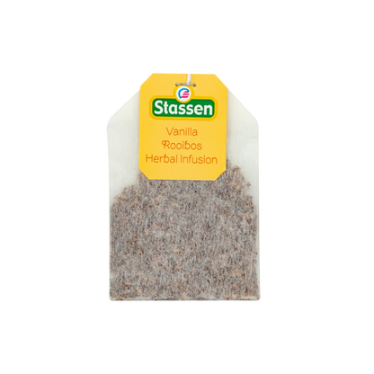 Torebka herbaty Stassen Vanilla Rooibos Herbal Infusion z żółtą etykietą.
