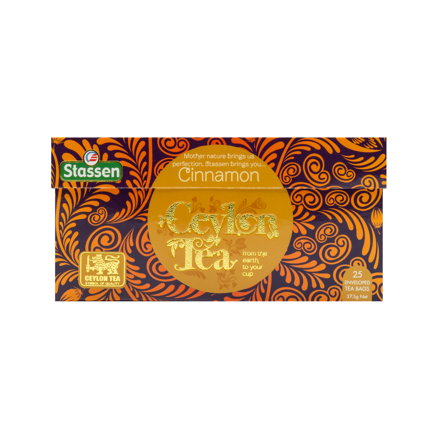 Opakowanie herbaty Stassen Cinnamon Tea w eleganckiej perspektywie z logo producenta.