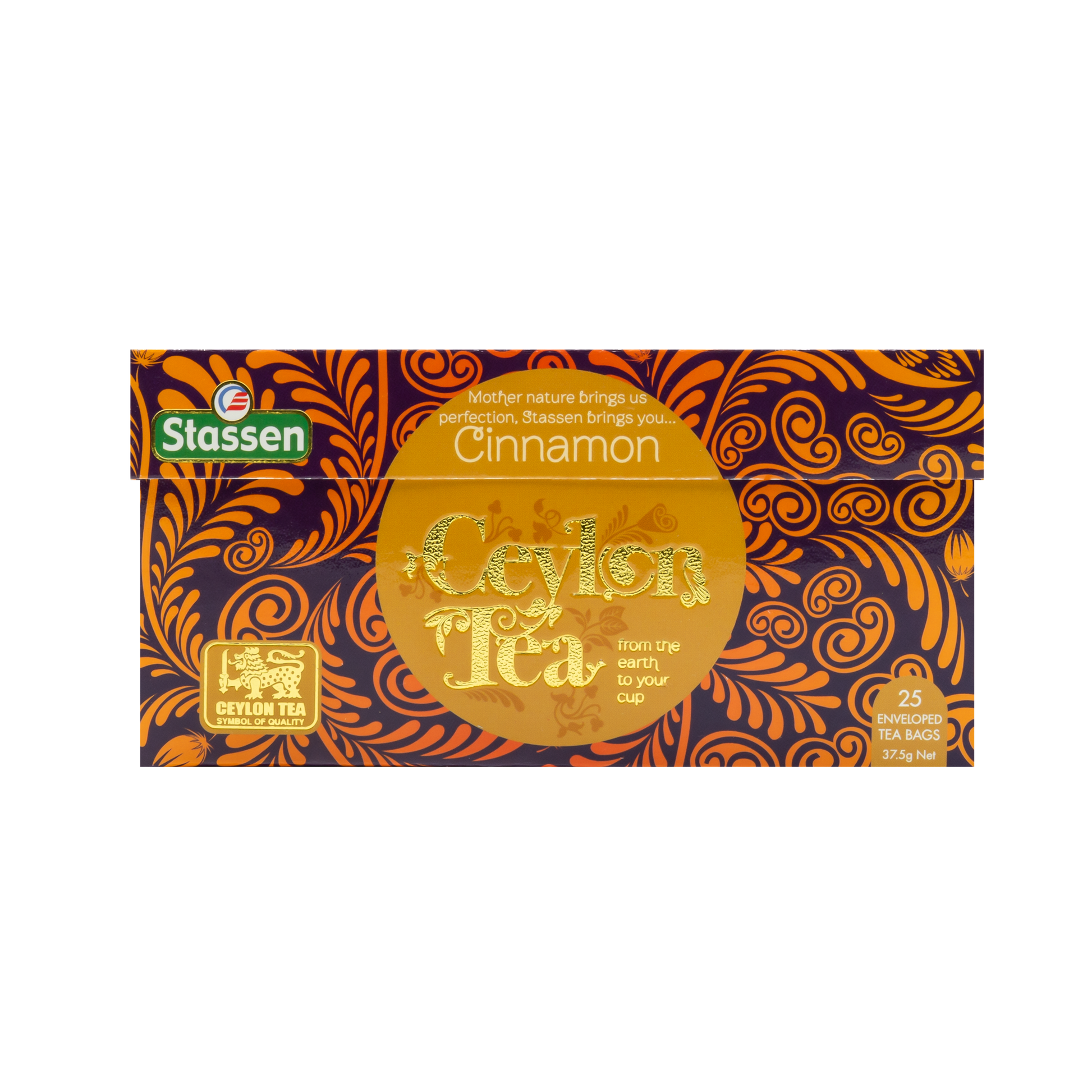 Opakowanie herbaty Stassen Cinnamon Tea w eleganckiej perspektywie z logo producenta.