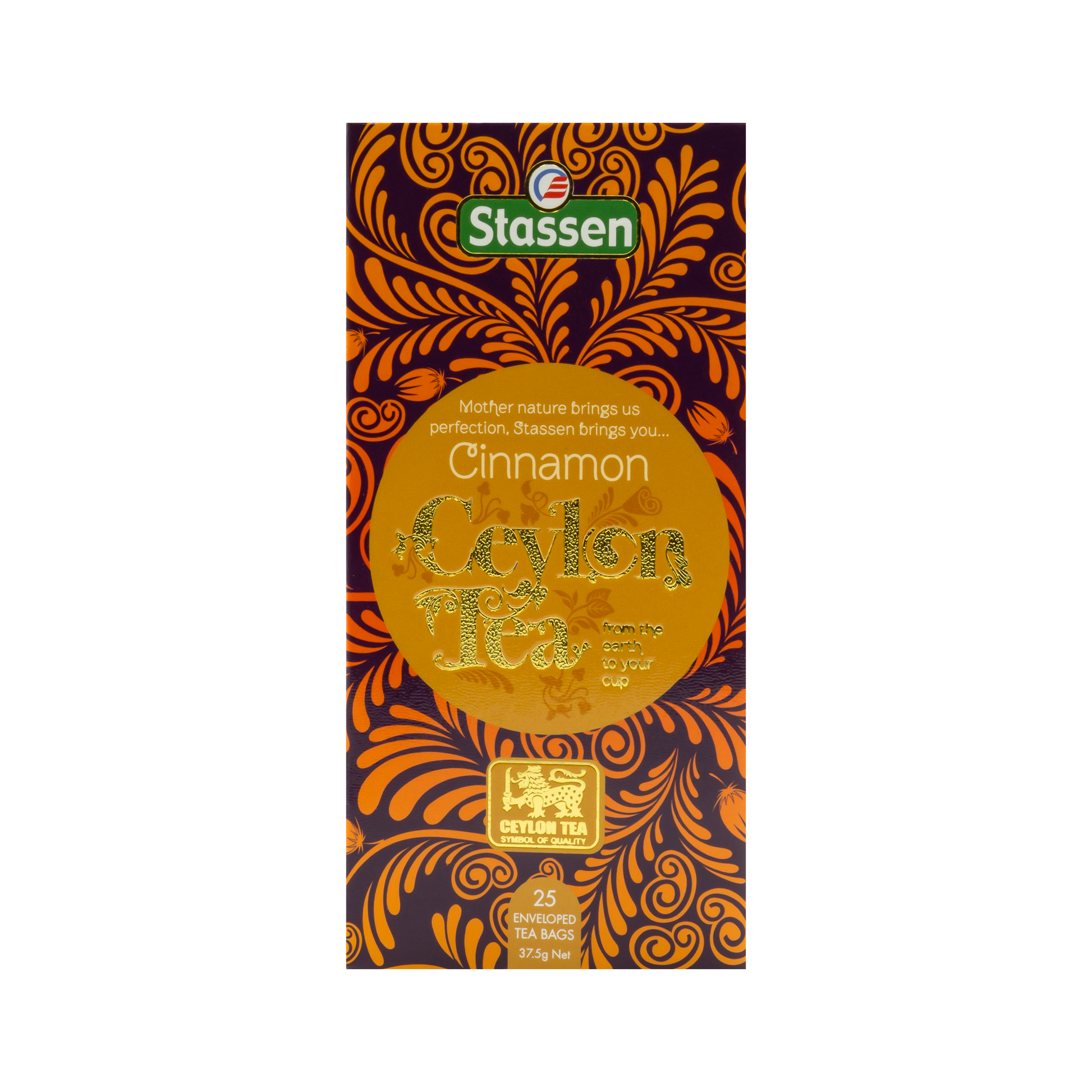 Widok z góry na pudełko herbaty Stassen Cinnamon Tea z ozdobnym motywem.