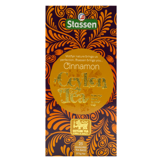 Widok z góry na pudełko herbaty Stassen Cinnamon Tea z ozdobnym motywem.