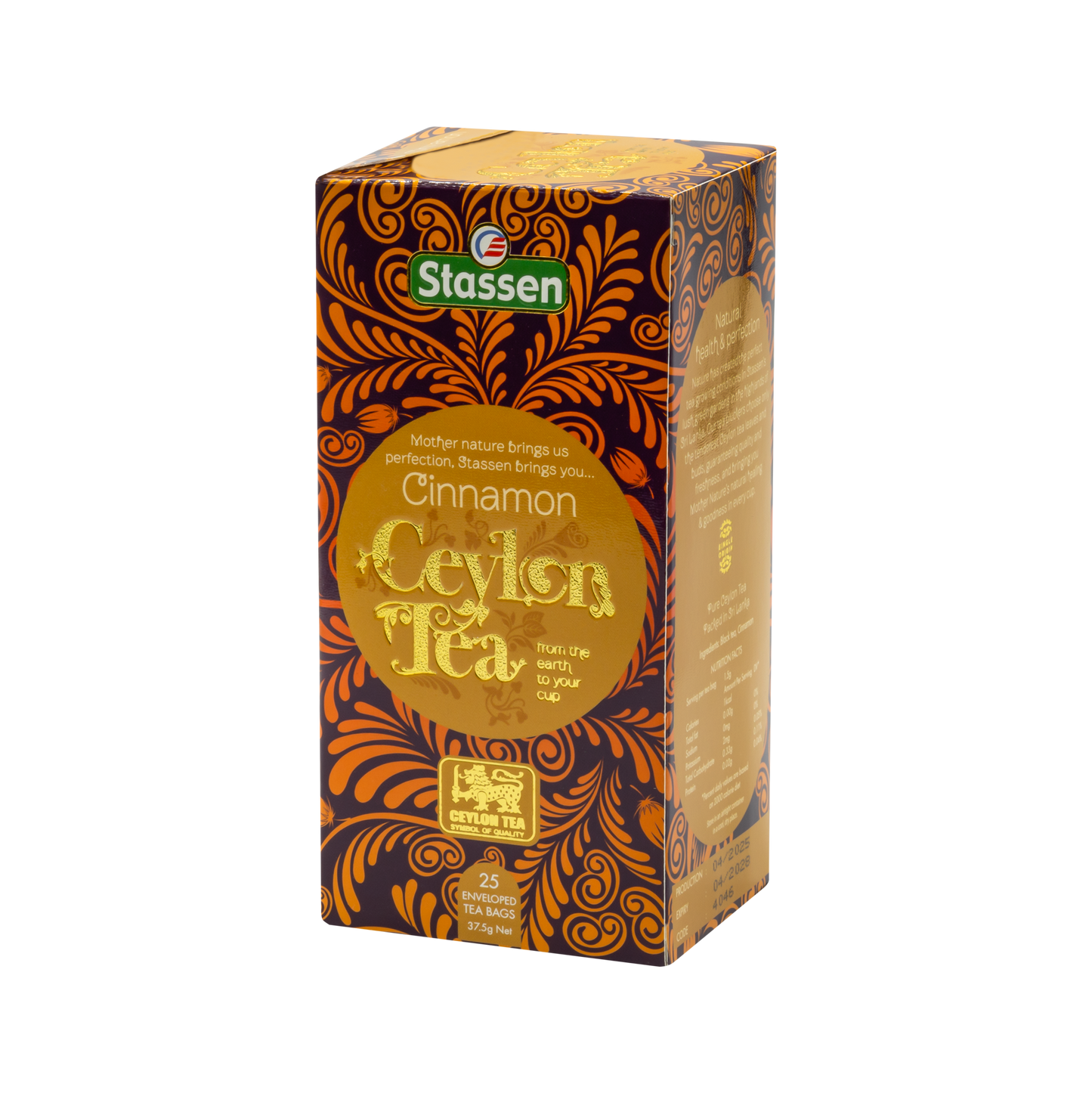 Bok opakowania herbaty Stassen Cinnamon Ceylon Tea z informacjami o produkcie.