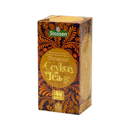 Bok opakowania herbaty Stassen Cinnamon Ceylon Tea z informacjami o produkcie.