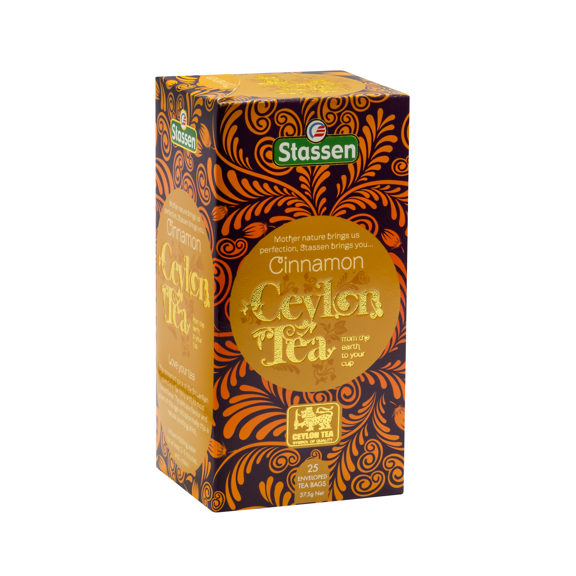 Front opakowania herbaty Stassen Cinnamon Ceylon Tea w odcieniach złota i brązu.