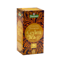 Front opakowania herbaty Stassen Cinnamon Ceylon Tea w odcieniach złota i brązu.