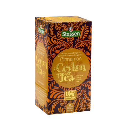 Front opakowania herbaty Stassen Cinnamon Ceylon Tea w odcieniach złota i brązu.