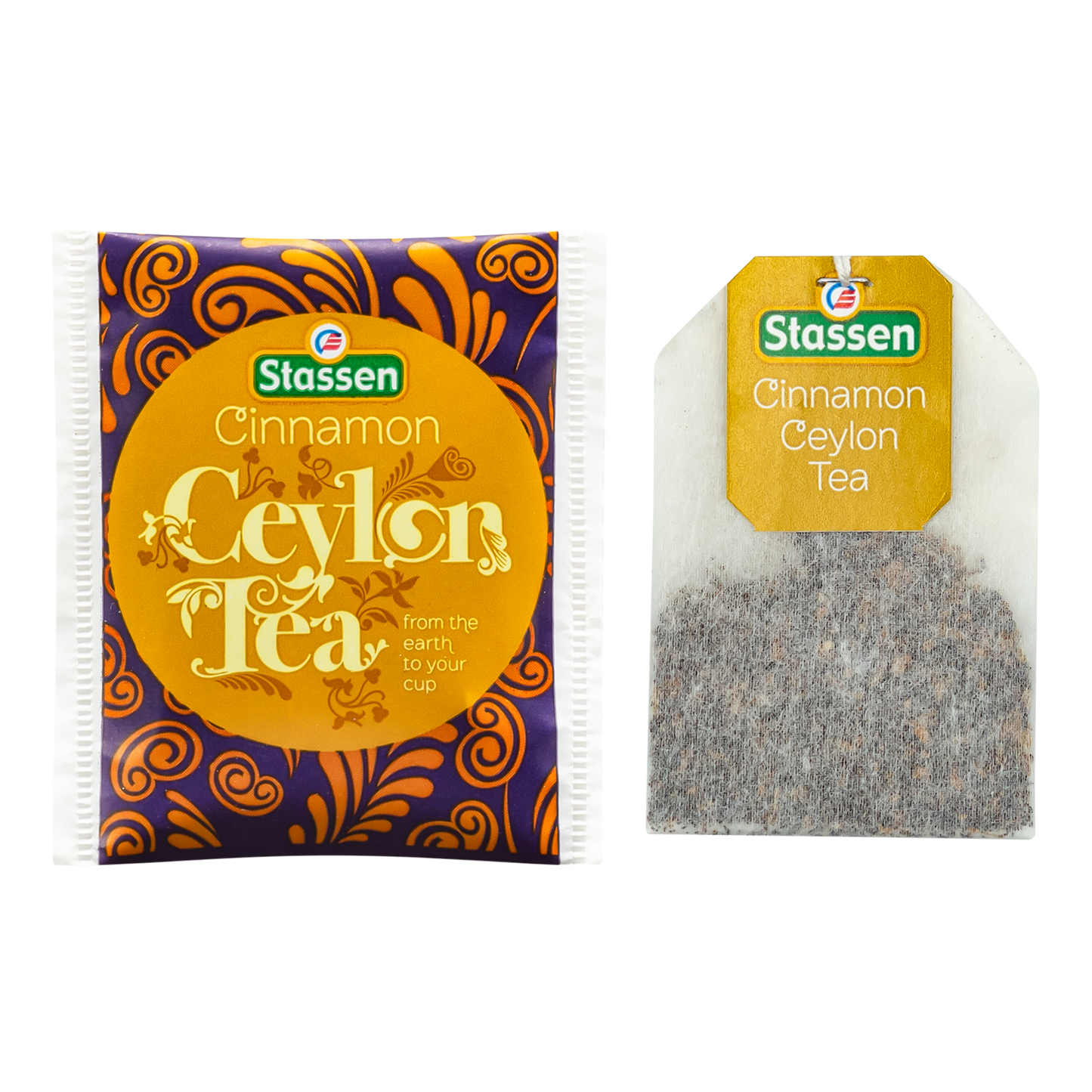 Saszetka i torebka herbaty Stassen Cinnamon Tea obok siebie.