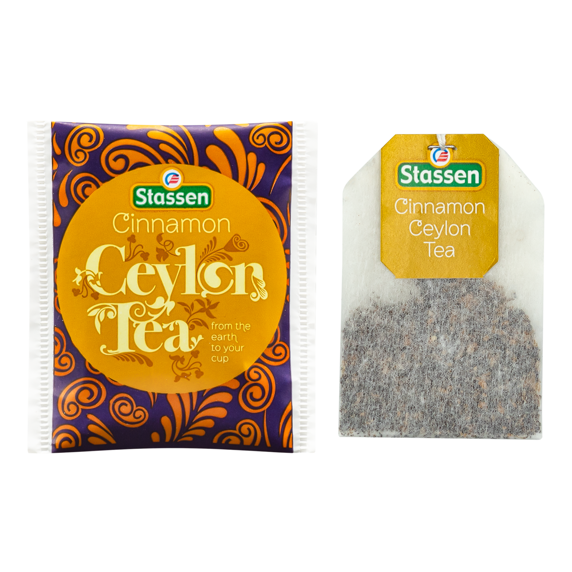 Saszetka i torebka herbaty Stassen Cinnamon Tea obok siebie.