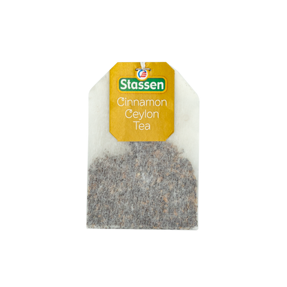 Torebka herbaty Stassen Cinnamon Ceylon Tea w złotej etykiecie.