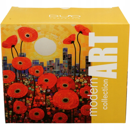 Pudełko prezentowe z motywem czerwonych maków i nowoczesnym miejskim pejzażem.