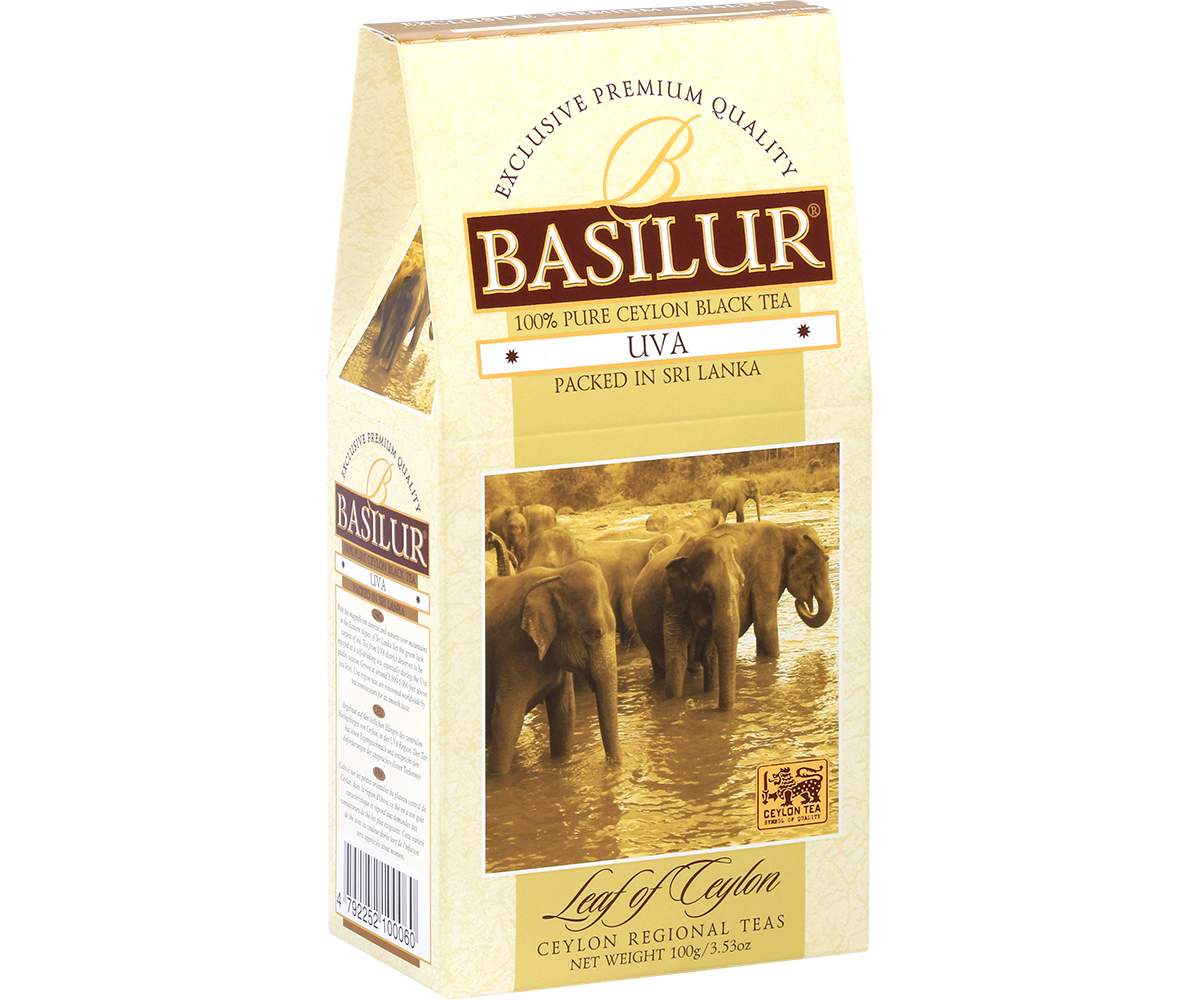 Bok pudełka Basilur Uva z detalami produktu.