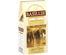 Bok pudełka Basilur Uva z detalami produktu.