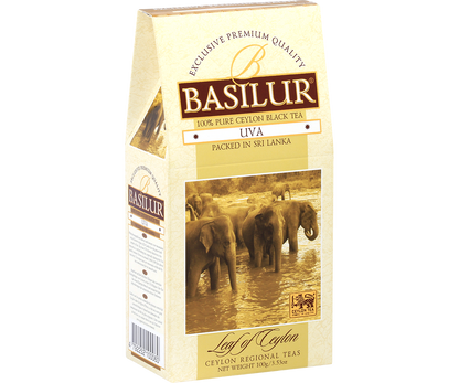 Bok pudełka Basilur Uva z detalami produktu.