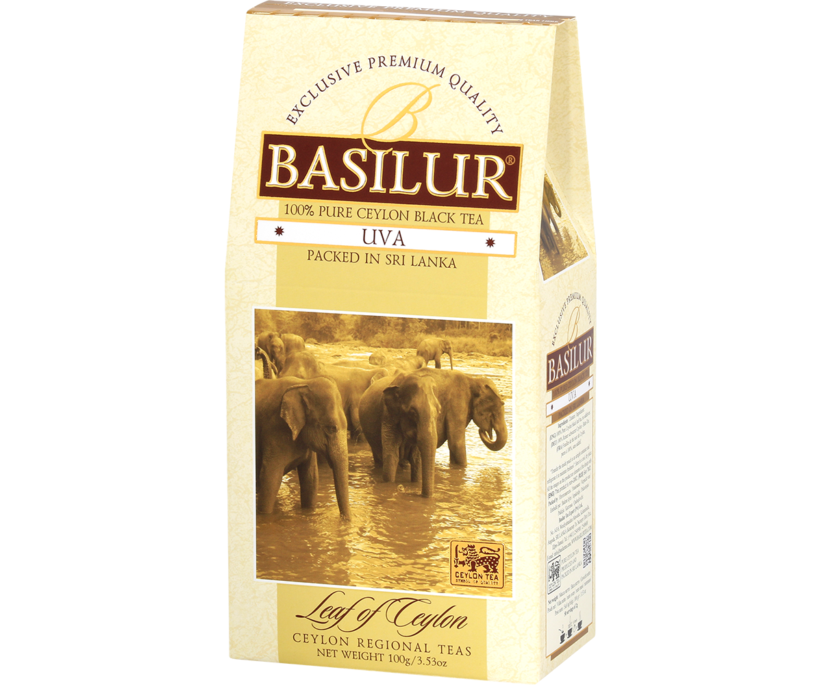 Opakowanie herbaty Basilur Uva 100 g, czarna herbata cejlońska liściasta.