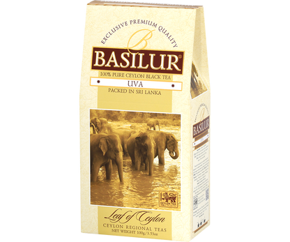 Opakowanie herbaty Basilur Uva 100 g, czarna herbata cejlońska liściasta.