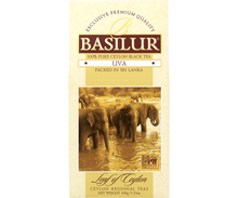 Zbliżenie na front opakowania Basilur Uva z wizerunkiem słoni.