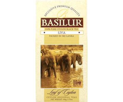 Zbliżenie na front opakowania Basilur Uva z wizerunkiem słoni.