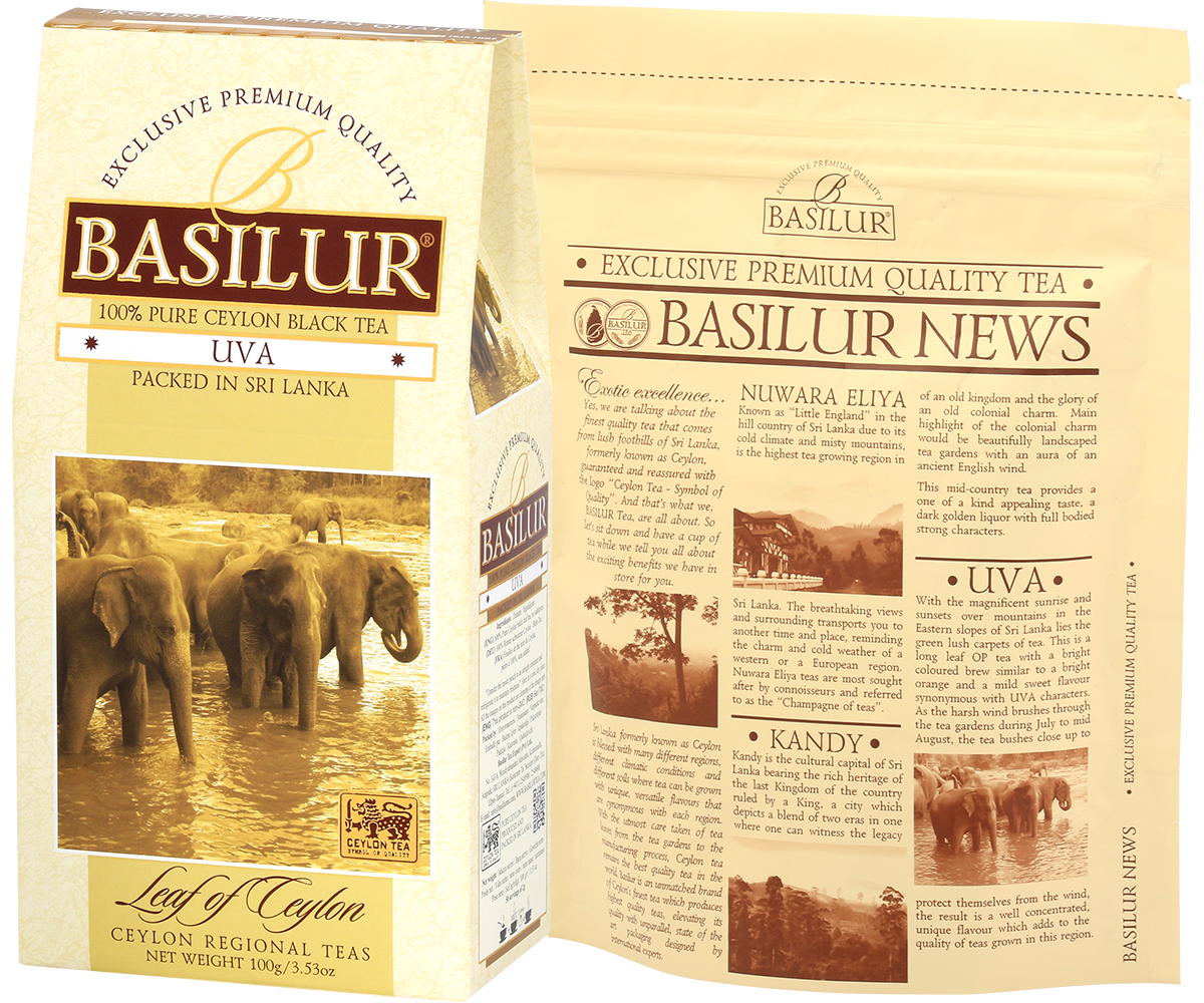 Tył opakowania Basilur Uva z opisem i zamknięciem typu zipper.