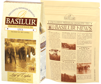 Tył opakowania Basilur Uva z opisem i zamknięciem typu zipper.