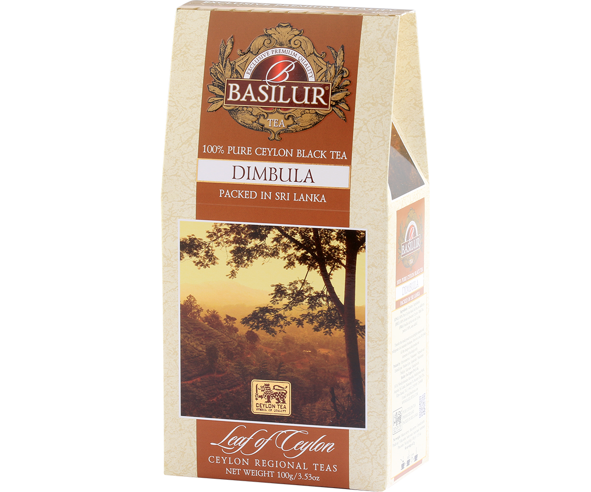 Bok pudełka Basilur Dimbula z logo i informacjami o produkcie.