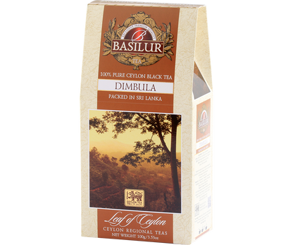 Bok pudełka Basilur Dimbula z logo i informacjami o produkcie.