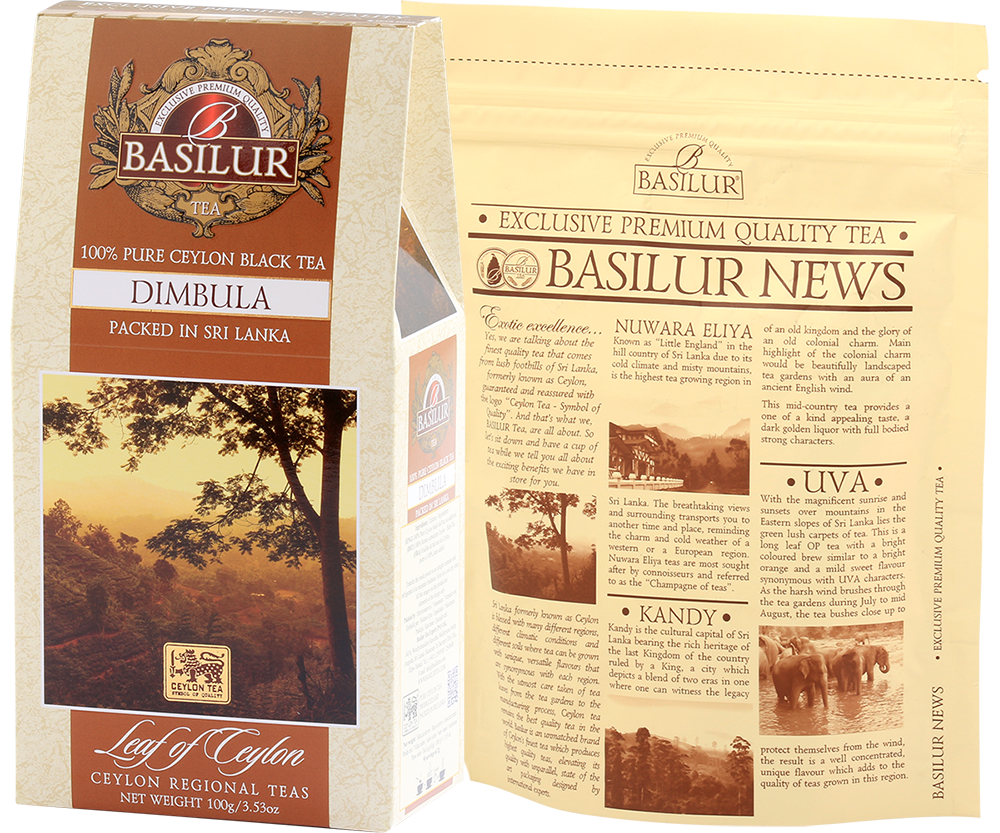 Tył opakowania Basilur Dimbula z opisem regionu uprawy i zamknięciem typu zipper.