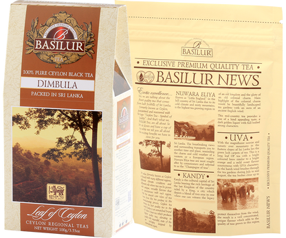 Tył opakowania Basilur Dimbula z opisem regionu uprawy i zamknięciem typu zipper.