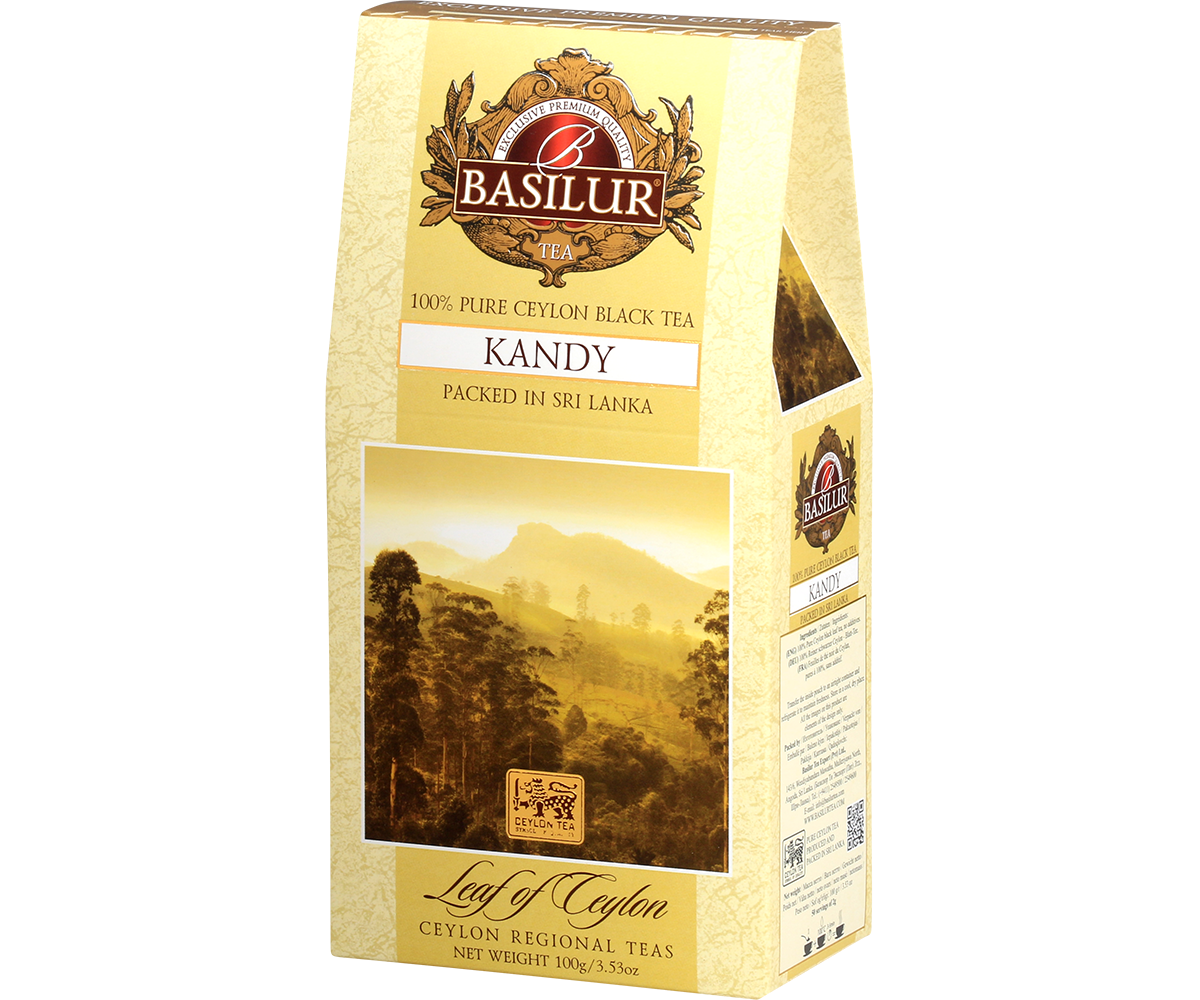Widok boczny opakowania Basilur Kandy, herbata z regionu Ceylon.