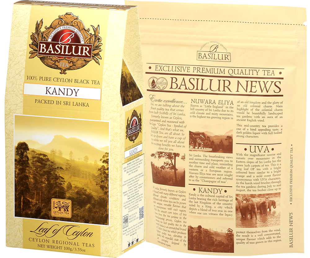 Tył opakowania Basilur Kandy z opisem regionów herbacianych Sri Lanki i zamknięciem typu zipper.