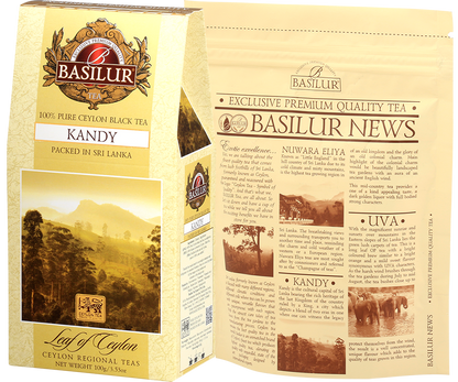 Tył opakowania Basilur Kandy z opisem regionów herbacianych Sri Lanki i zamknięciem typu zipper.