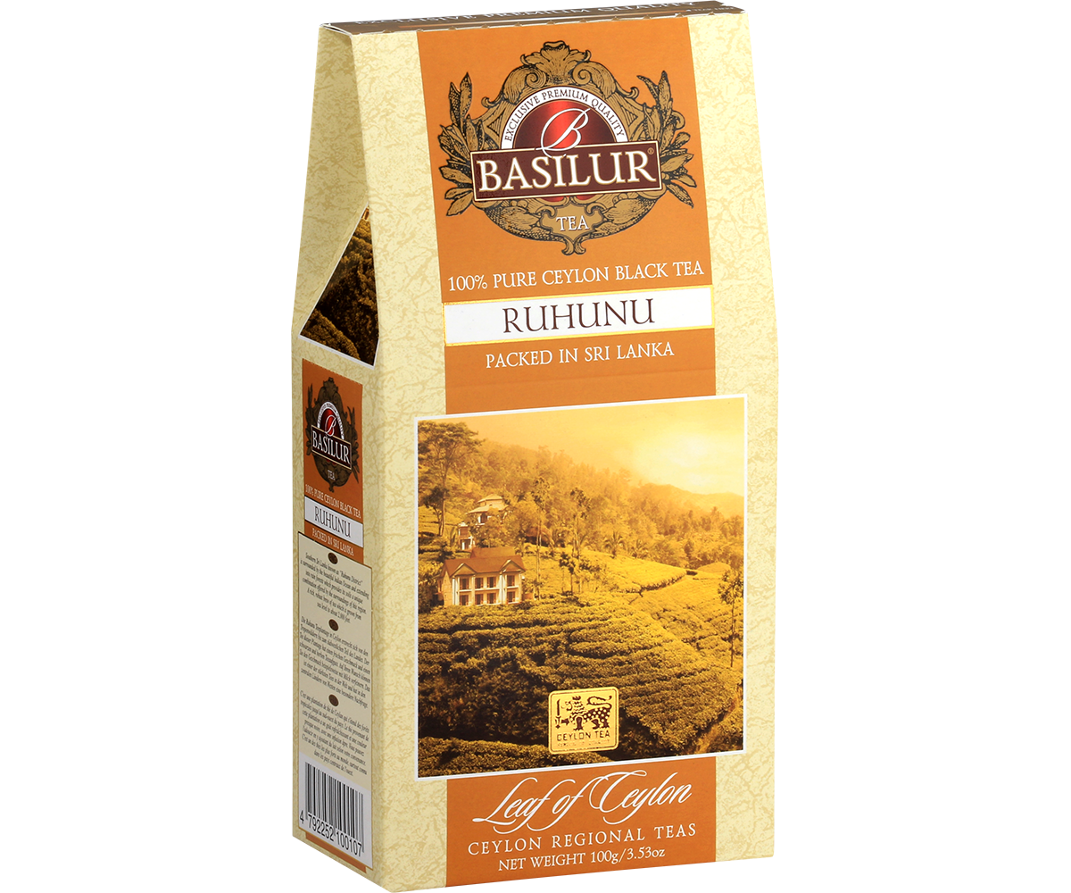 Pudełko Basilur Ruhunu z widokiem na plantację herbaty w regionie Ruhunu na Sri Lance.