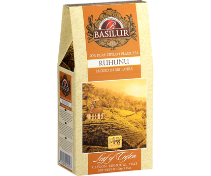 Pudełko Basilur Ruhunu z widokiem na plantację herbaty w regionie Ruhunu na Sri Lance.