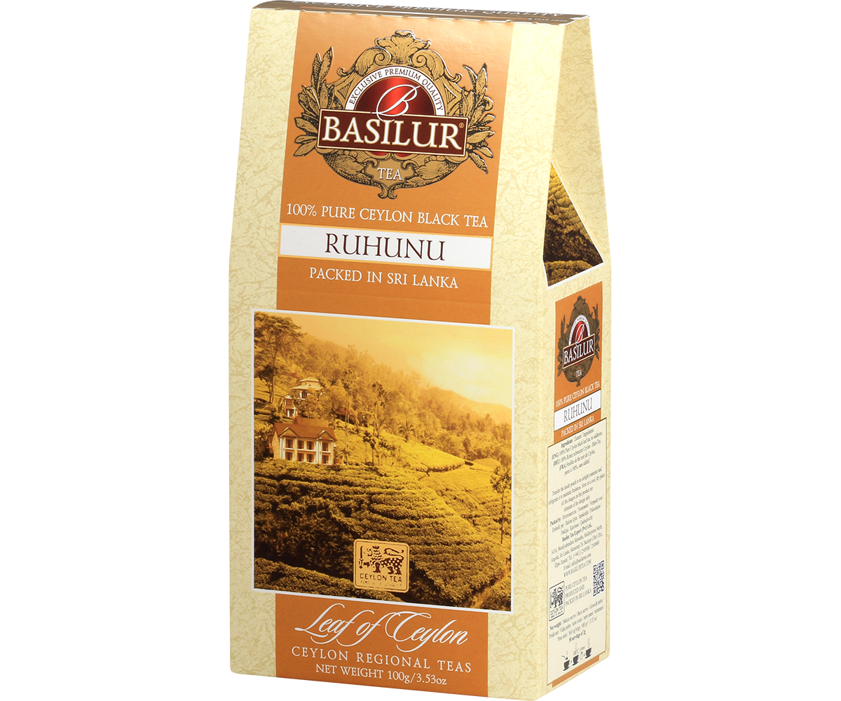 Herbata Basilur Ruhunu – bok opakowania z opisem i logo Ceylon Tea.