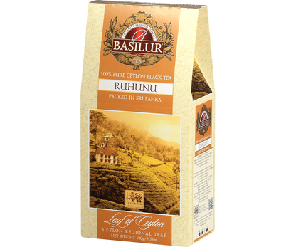 Herbata Basilur Ruhunu – bok opakowania z opisem i logo Ceylon Tea.