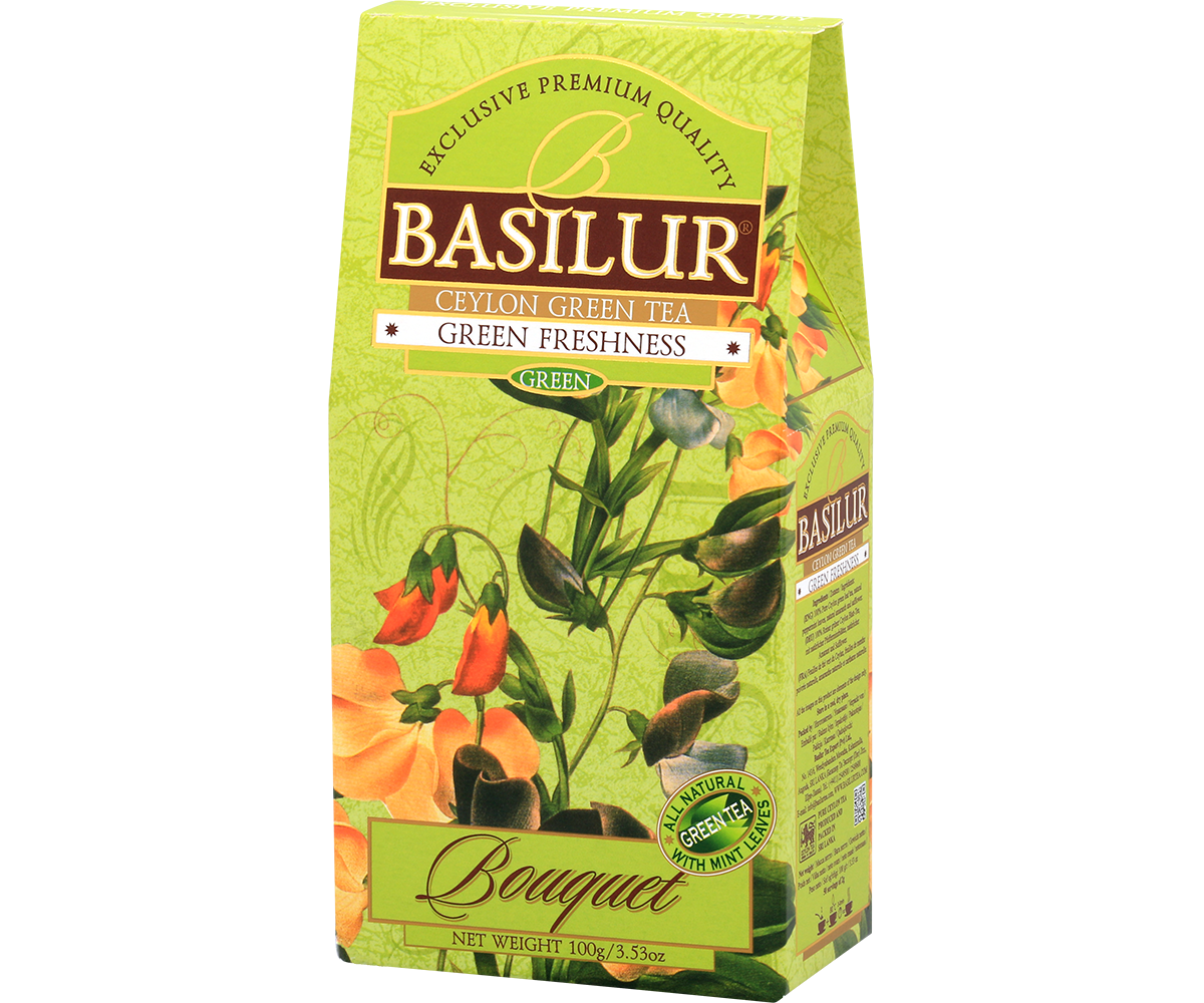 Bok pudełka Basilur Green Freshness – zielona herbata cejlońska z miętą.