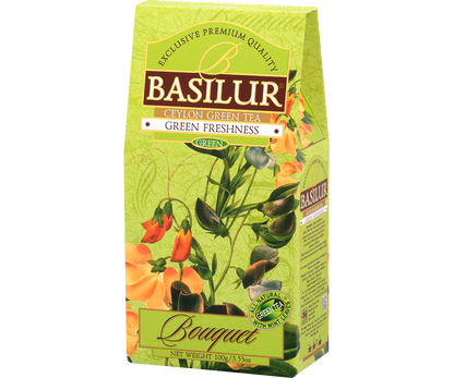 Bok pudełka Basilur Green Freshness – zielona herbata cejlońska z miętą.