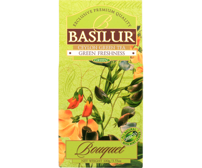 Przód opakowania herbaty Basilur Green Freshness z serii Bouquet, zielone tło z motywem kwiatów.
